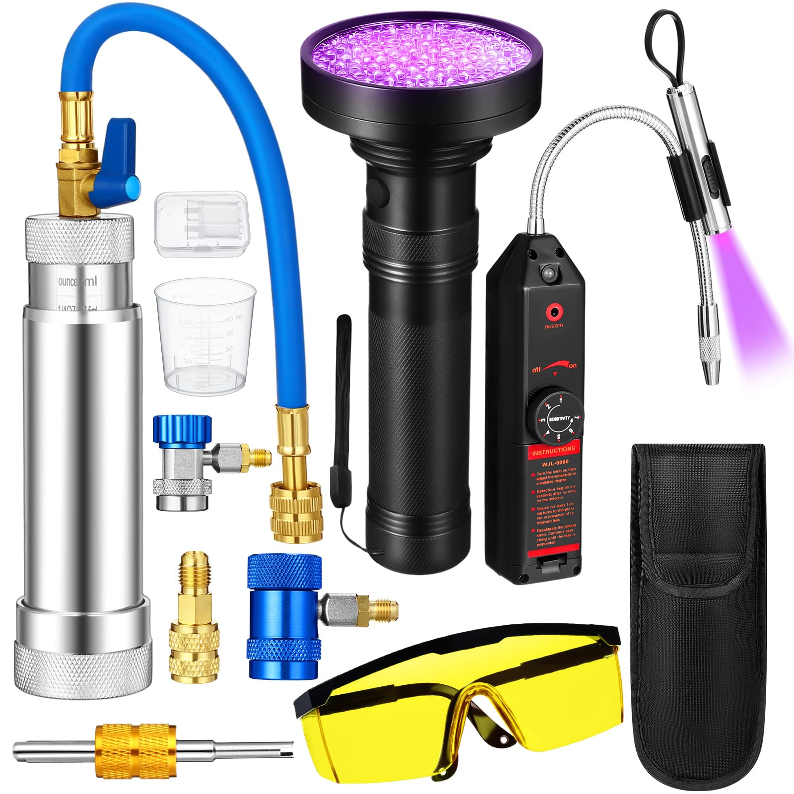 Photo 1 of Tellegloww AC Leak Detector Kit, R1234yf R134a R410a AC Oil UV Dye Injector Kit Refrigerant Leak Detector Tool Low Side Quick Coupler Mini Split Adapter Glasses Flashlight(Useful)
