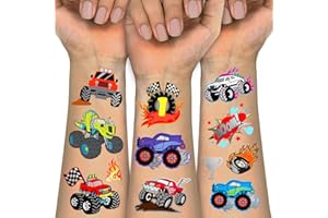 METUU Temporary Tattoos for Kids, 75 PCS Truck Fake Tattoos for Birthday Party Favor- Silver Metallic Styles Tattoos | Monster Truck, Car Racing, Checkered Flag, Flames Tattoo for 5 6 7 8 Years Boys Girls