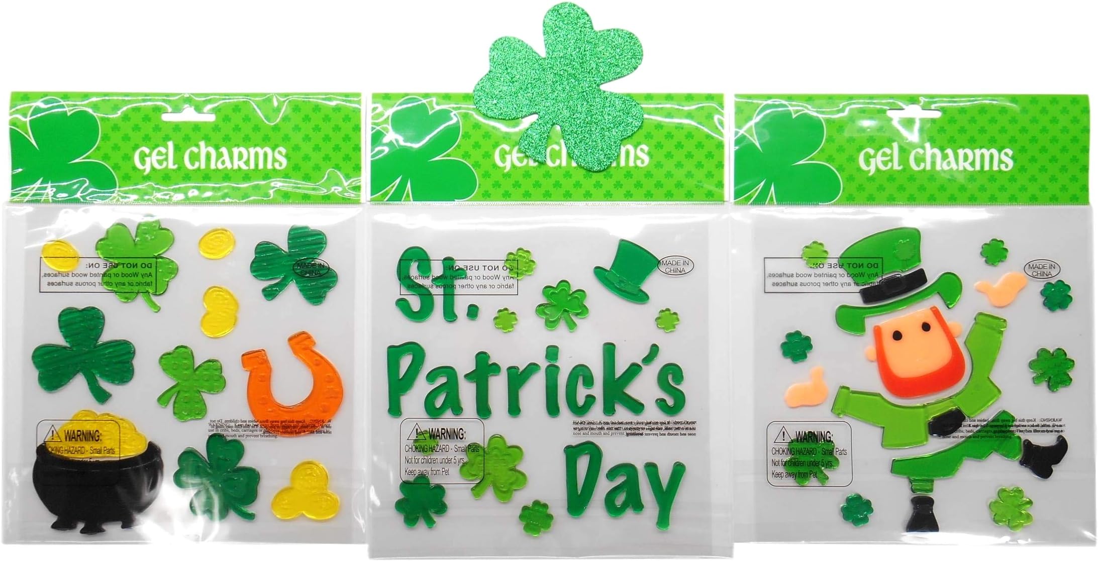 St. Patrick's Day Gel Window Clings with a Sparkling Green Clover - St. Patrick's Day Words with Leprechaun and Pot of Gold -Bundle of 4