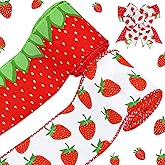 Whaline 2 Rolls Strawberry Wired Edge Ribbon 2.5 Inch Red Green Fruit Fabric Ribbon Strawberry Gift Wrapping Ribbon for Summer Farmhouse Bow Wreath Craft Party Decor