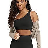 ODODOS Seamless One Shoulder Sports Bra for Women Ribbed Asymmetrical Non Padded Yoga Crop Tank Tops