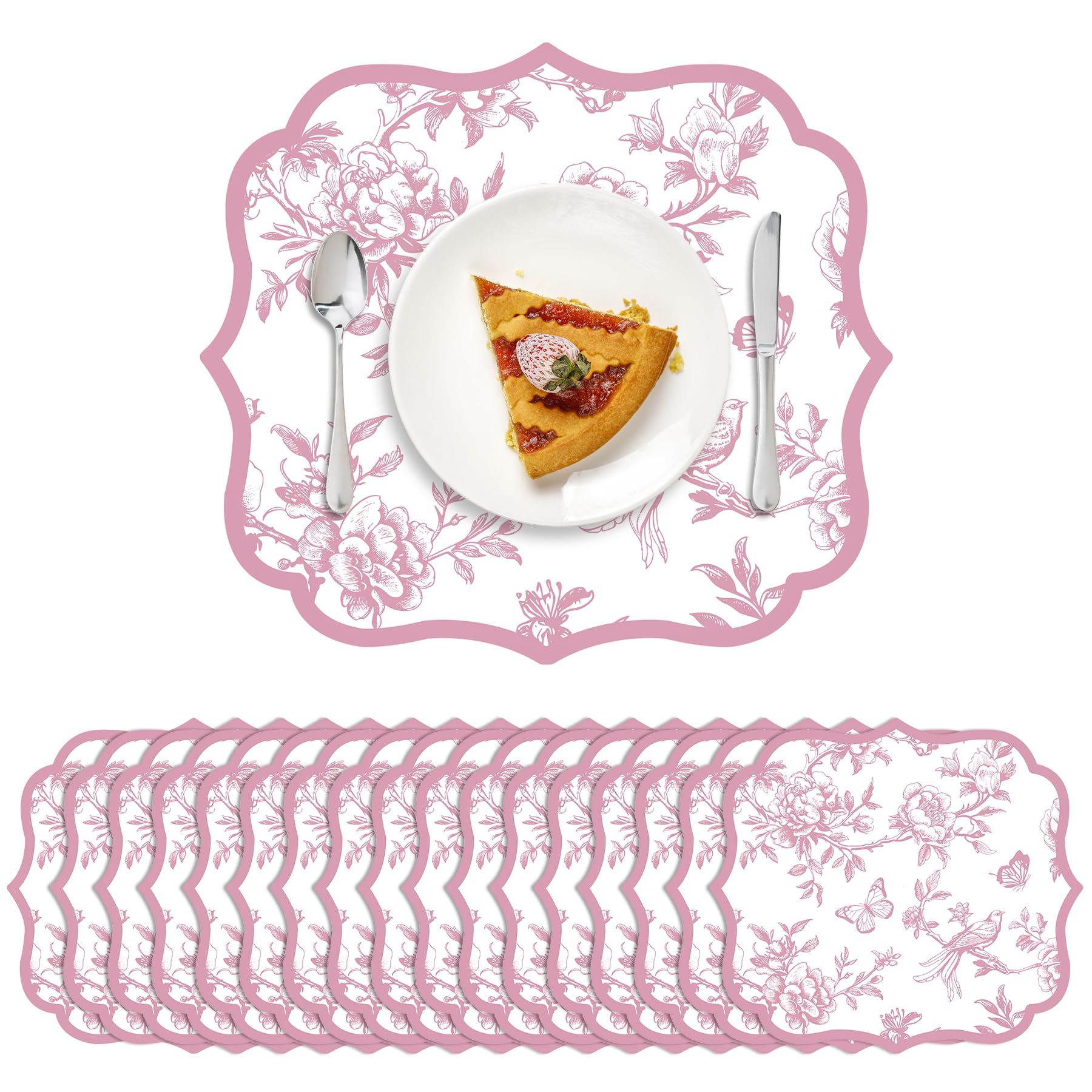 Photo 1 of 120 Pcs Pink Floral Paper Placemats 14.5 Inch Disposable Chinoiserie Floral Paper Placemats Decorative Flower Table Mats for Dinner Table Setting Birthday Wedding Bridal Tea Party Decor