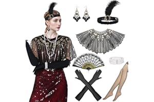 1920s Flapper Accessories Set, 8PCS Sequin Shawl Wraps Headband Pearl Earrings Necklace Gloves for Women (Style A, One Size)