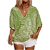 GORGLITTER Women's Allover Print Hawaiian Shirt Dolman Short Sleeve V Neck Summer Tops 2025 Vacation