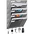 EasyPAG 5-Tier Mesh Wall File Organizer with 5 Key Hooks - Vertical Hanging Mail/Paper Rack, Metal Frame & Removable Labels for Office, Classroom, Entryway ,Silver