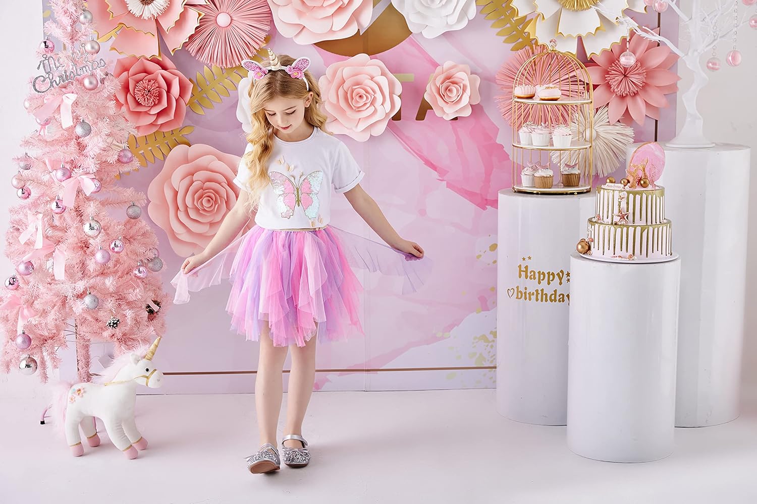 DXTON Girls Rainbow Flower Tulle Skirt Toddler Tutu Girls Clothes: Clothing