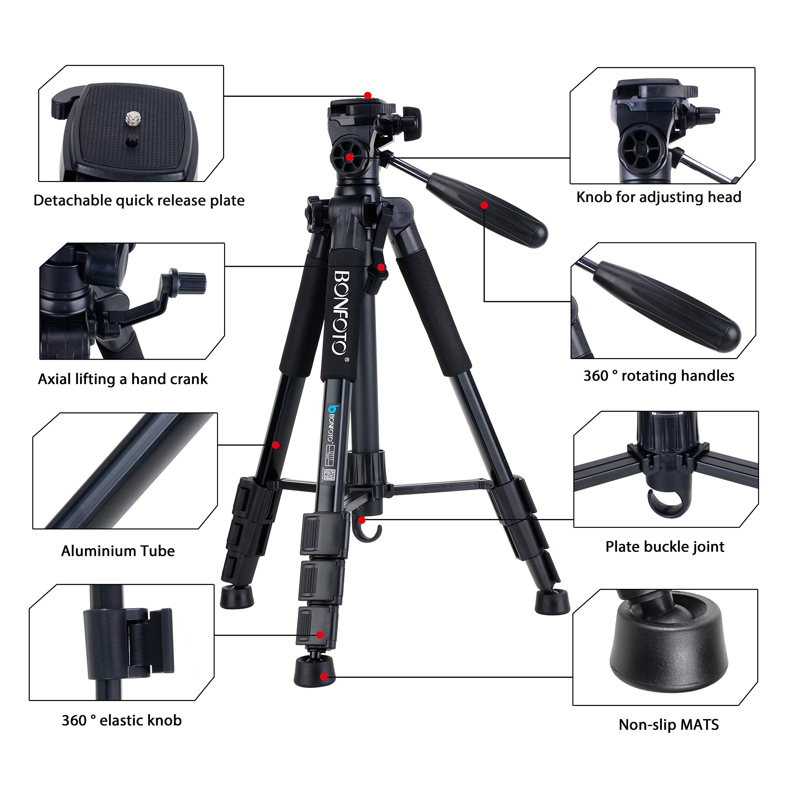 BONFOTO Q111 55-Inch Professional Compact Aluminum Camera Tripod Camcorder Stand with Pan Head Plate and Phone Holder Mount for DSLR Canon Nikon Sony DV Video and Smartphones(Black)