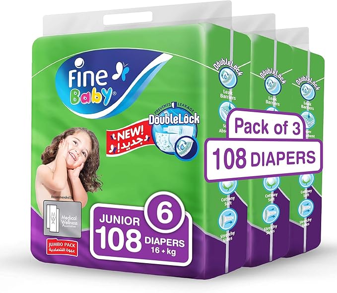 Fine Baby Diapers, DoubleLock Technology, Size 6, Junior 16kg +, Jumbo