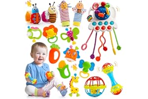 faentwc Baby Toys 6 to 12 Months 15 PCS Rattles & Teething Christmas Montessori Toy for Babies 0-3-6-12 Month Infant Rattle Wrist Socks Toddler Sensory Pull String Toy Newborn Boy Girl Xmas Gifts Set
