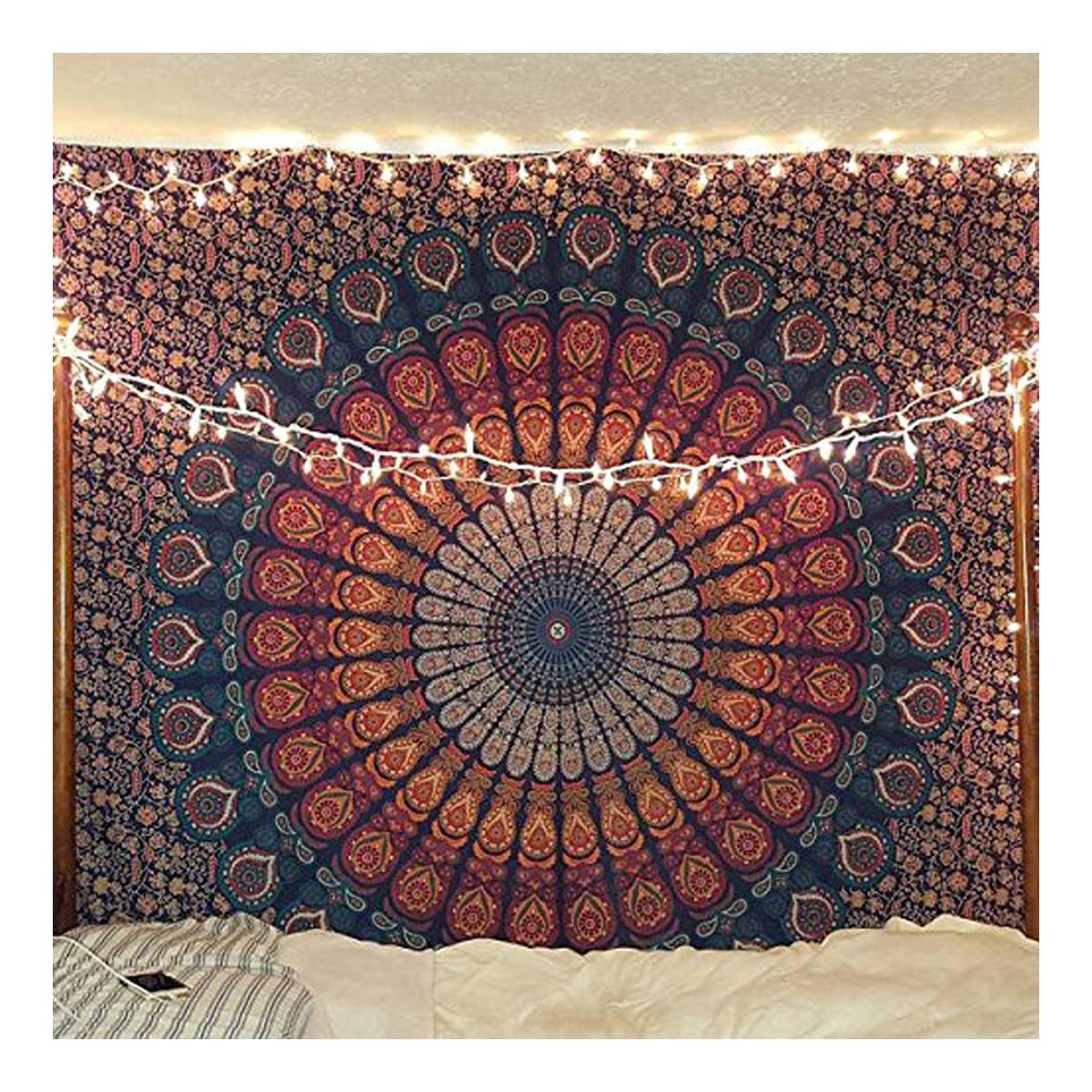 raajsee Indian Cotton Blue Orange Tapestry Mandala Wall Hangings, Boho Throw Bohemian Bedding Queen Bedspread 140X210 CMS