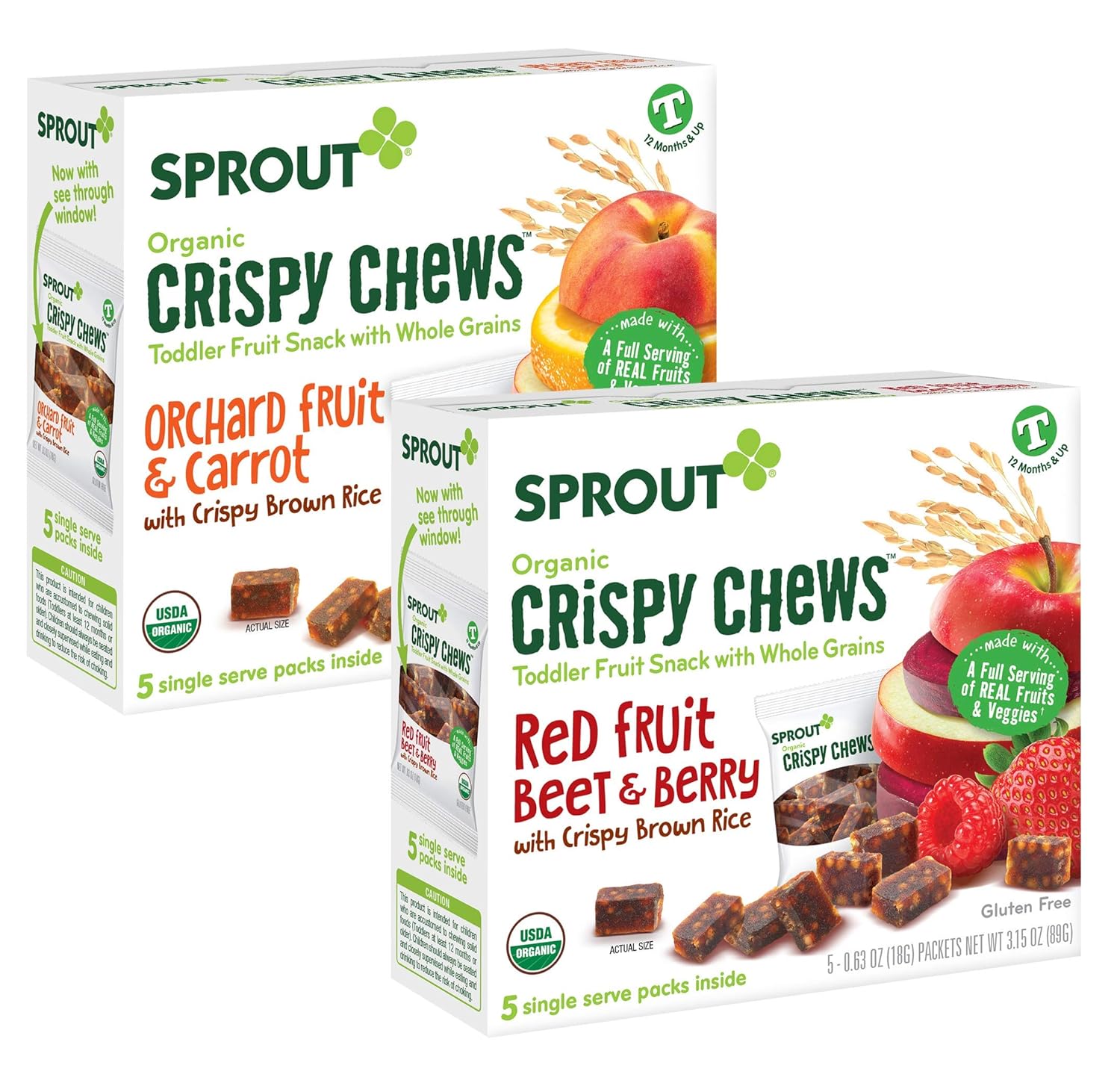 Sprout Organic Crispy Chews Toddler Snacks, Variety Pack, 5 Count boxes of 0.63 Ounce Single Serve Packets (Pack of 10 Boxes) 5 Boxes Each: Red Fruit Beet & Berry and Orchard Fruit & Carrot