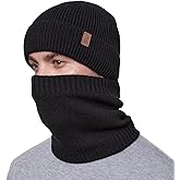 Wmcaps Winter Hat and Scarf Gift Set for Men, Windproof Fleece Lined Beanie & Neck Warmer for Cold Weather