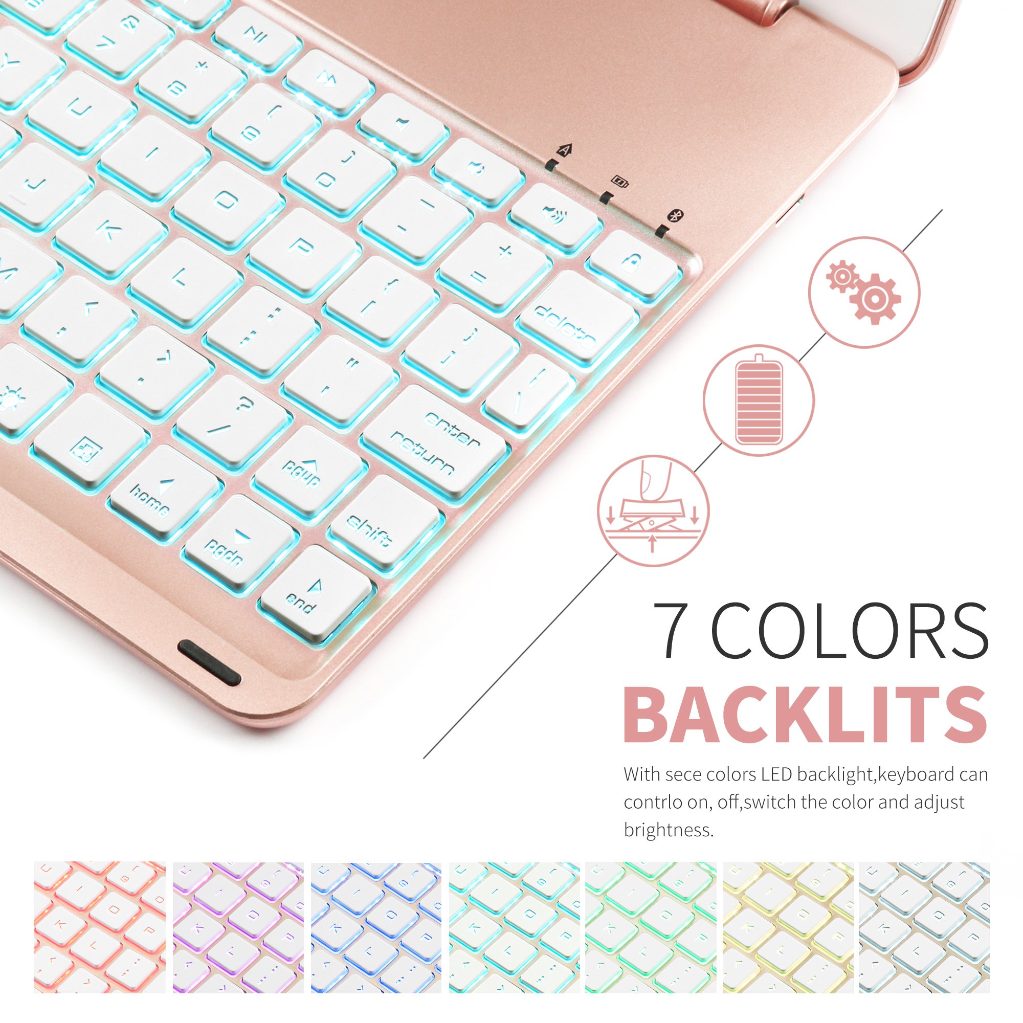 Keyboard Case iPad 9.7 2018(6th Gen) - iPad 9.7 2017(5th Gen) - iPad Air 1-130 Rotating - 7 Color Backlit Keyboard -Thin & Light - iPad Case with Keyboard, (Rose gold, 9,7)
