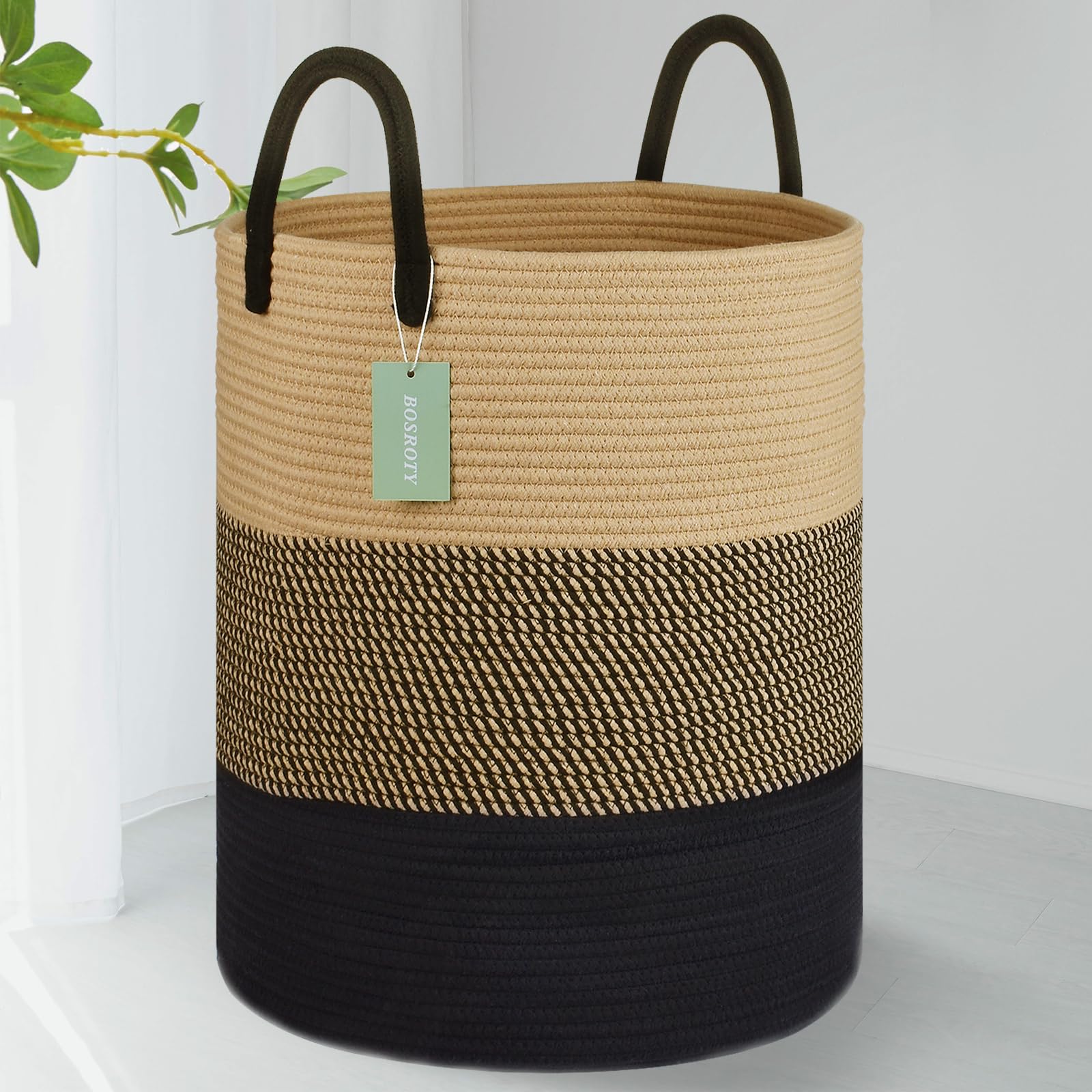 BOSROTY Large Blanket Basket, Tall Laundry Hamper 65L, Nursery Basket with Handles for Storage Toys Clothes Towels, Cotton Rope Woven Organiser, 40 x 50 CM, Brown & Black