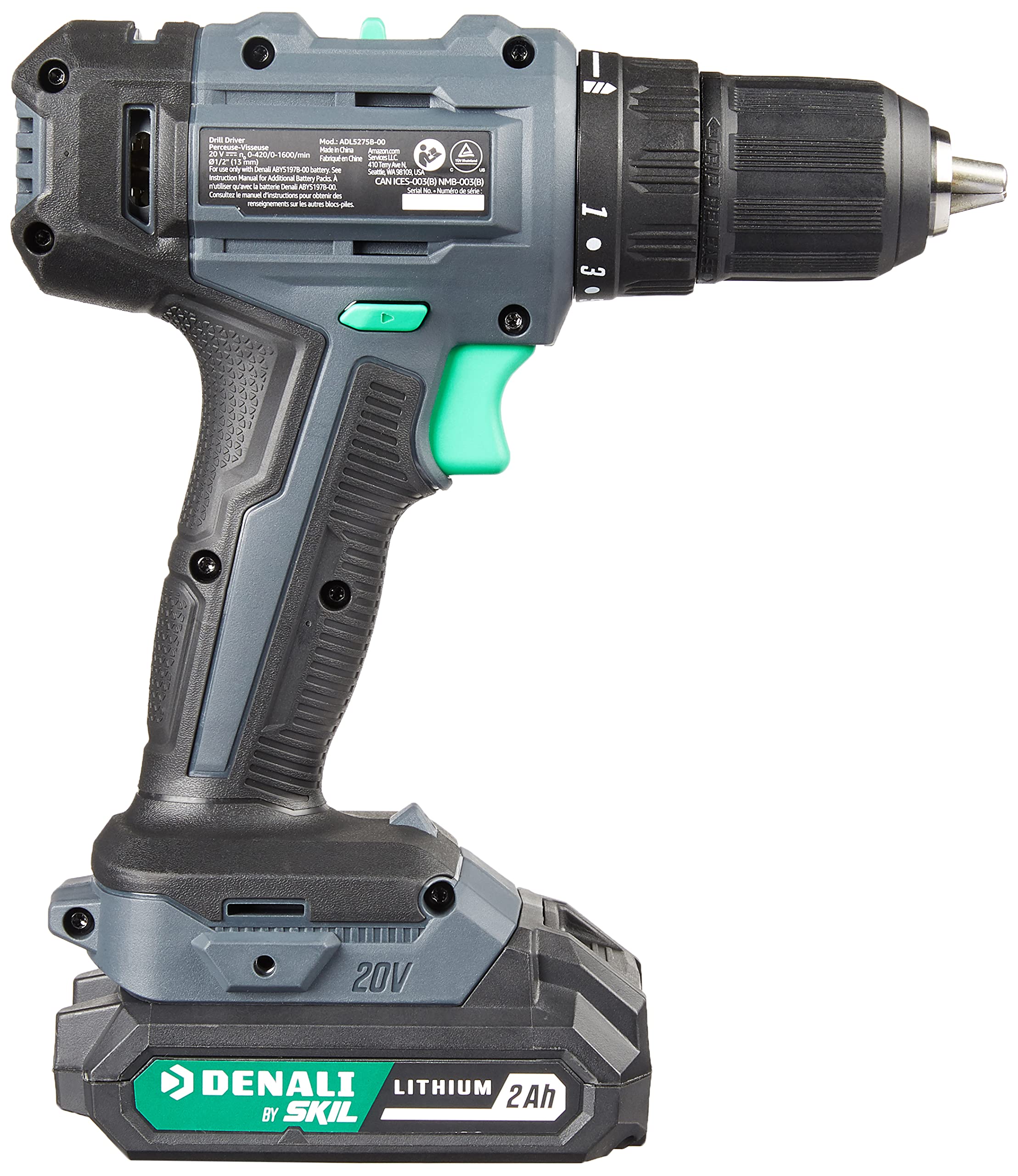 Amazon Brand - Denali by SKIL 20V Cordless Drill Driver Kit with 2.0Ah Lithium Battery and 2.4A Charger, Blue, 26.0