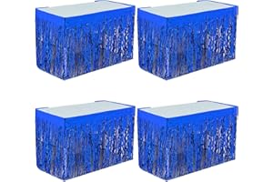 MZJU 4P Wavy Metallic Tinsel Foil Fringe Table Skirts for Rectangle Tables Backdrop Garland Curtains for Parade Floats Wedding Birthday Parties Decoration Halloween Christmas (Blue)