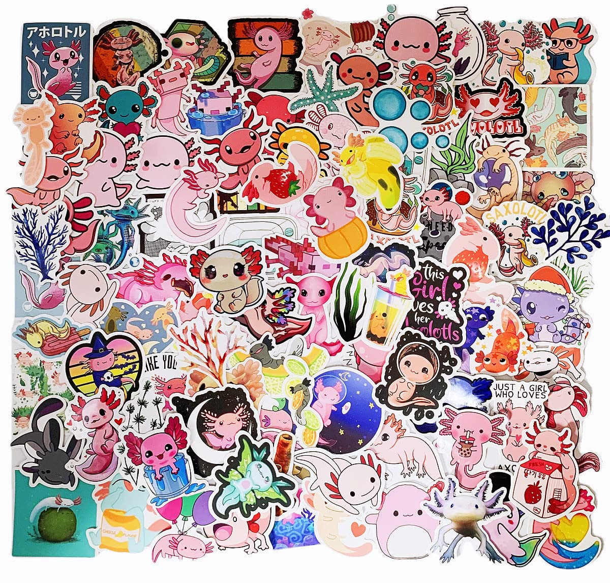100 PCS Axolotl Stickers for Water Bottles,Cute Vinyl Waterproof Laptop Skateboard Stickers Aesthetic PC Hydroflask Phone Stickers for Kids Girls