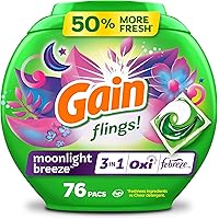 Gain Flings Laundry Detergent Pacs Moonlight Breeze Scent with Odour Defense, 76 Count