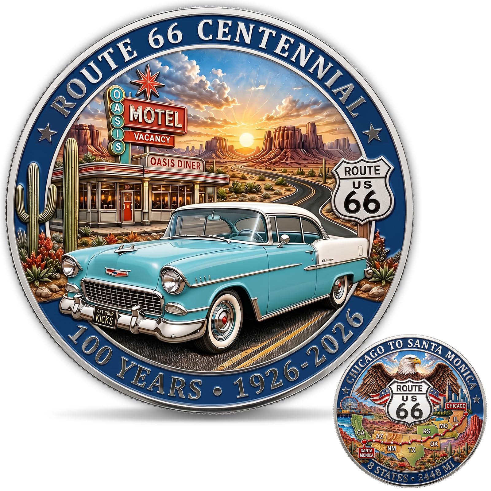 Route 66 Centennial Challenge Coin, 1926-2026 Road Trip Collectible Gift | 3D zinc alloy collectible coin with acrylic case f