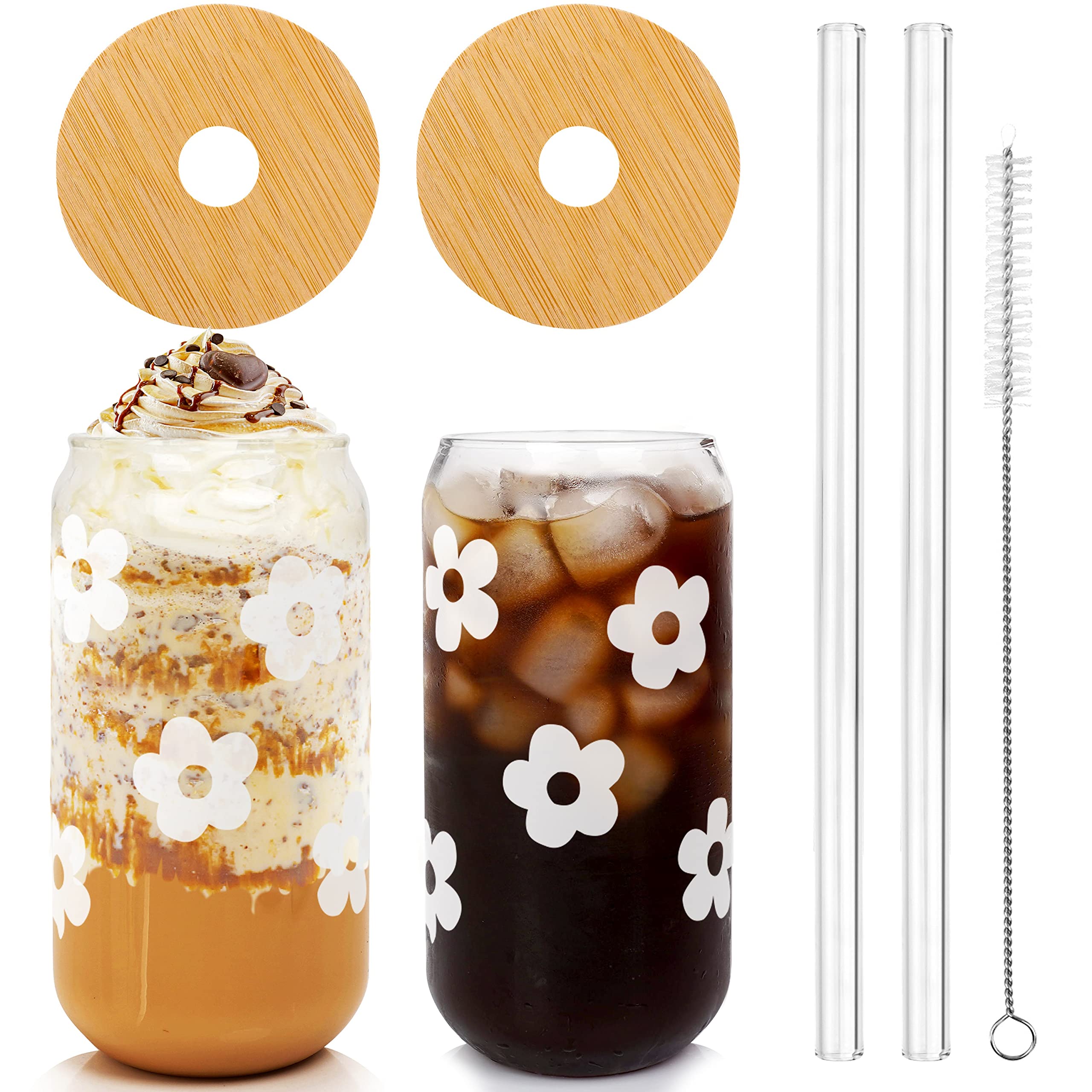 Beer Can Glass with Lids and Straw, Valentine Gift for Her Women, 18OZ Drinking Glasses, Iced Coffee Glasses Cup, Smoothie Tumbler Glass (White) — image 1