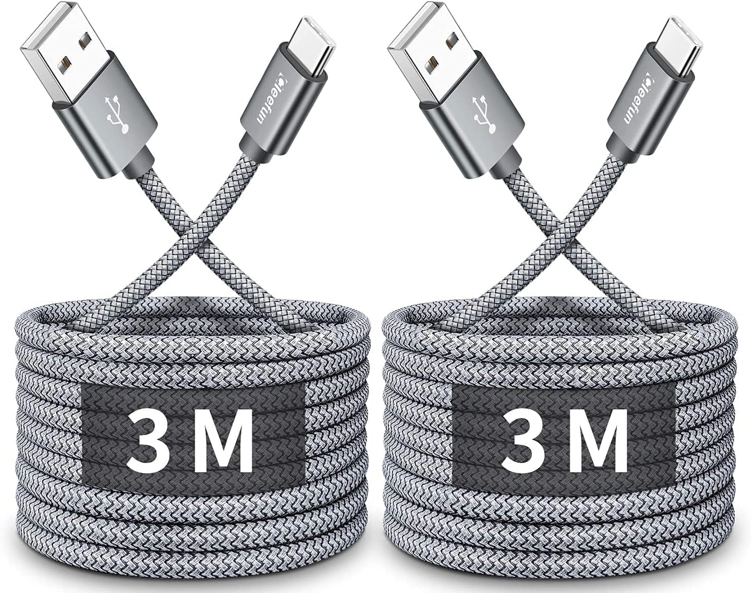CLEEFUN 3M USB C Cable (2-Pack), Long PS5 Controller Charger Fast Charging USB-C to USB-A Braided Lead for iPhone 17 16 16e 15 Pro, Samsung S25 S24 S23 S22 S21 S20 S10 S9 S8 + A51 A52 A53 A70 -Grey
