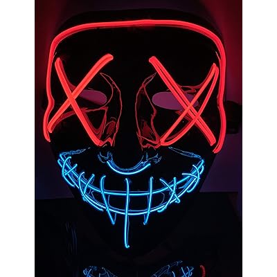 Moonideal Halloween Light Up Mask EL Wire Scary Mask for Halloween Festival Party Sound Induction Flash with Music Speed (red and Blue)