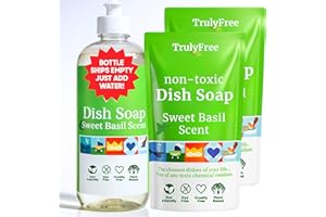 Truly Free Non Toxic Dish Soap | Natural Concentrated Dishwashing Liquid - Sweet Basil Scent | Non Toxic Organic Plant-Based Dish Soap | Family Safe - Eco-Friendly Formula | 16 fl oz