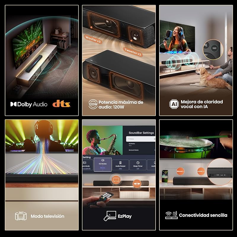 HS1000 - Barra de som 2.0, 120W, Dolby Audio, DTS Virtual:X, Modo TV, EZPlay, Bluetooth 5.3, eARC