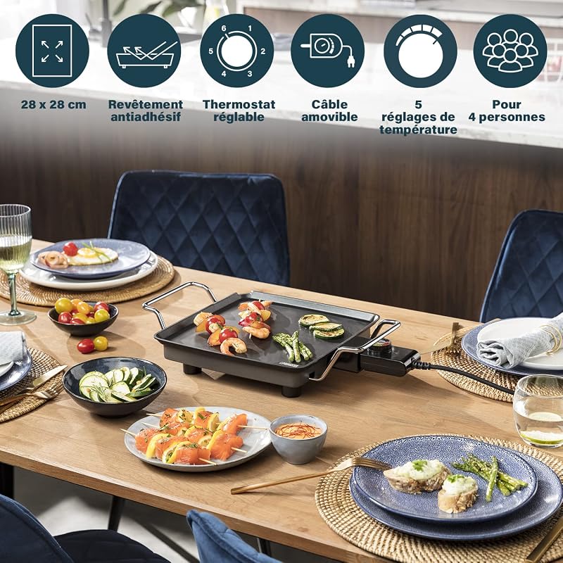 Plancha Princess Chef Mini Classic noire - fonte d'aluminium - 4 personnes - 28 x 28 cm - 1 900 W