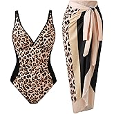 BAWHAHT Women’s One Piece Tummy Control Swimsuit Set with Wrap Skirt Cover Up V Neck Slimming Retro Bathing Suit