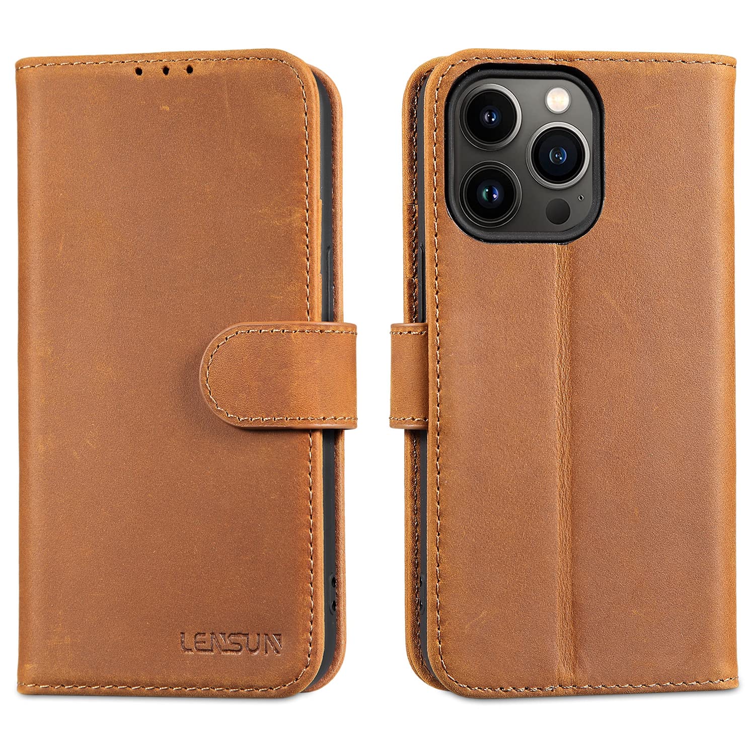 LENSUN Flip Case for iPhone 13 Pro, Genuine Leather Wallet Phone Cover [RFID Blocking] with Card Holder and Magnetic Closure Compatible with Apple iPhone 13 Pro - Vintage Brown