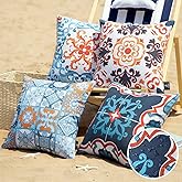 Phantoscope Set of 4 Outdoor Waterproof Throw Decorative Pillow Cover Geometric Boho Farmhouse Pillows Cushion Case for Patio Furnitures Tent Sunbrella, Blue and Orange 18x18 Inches