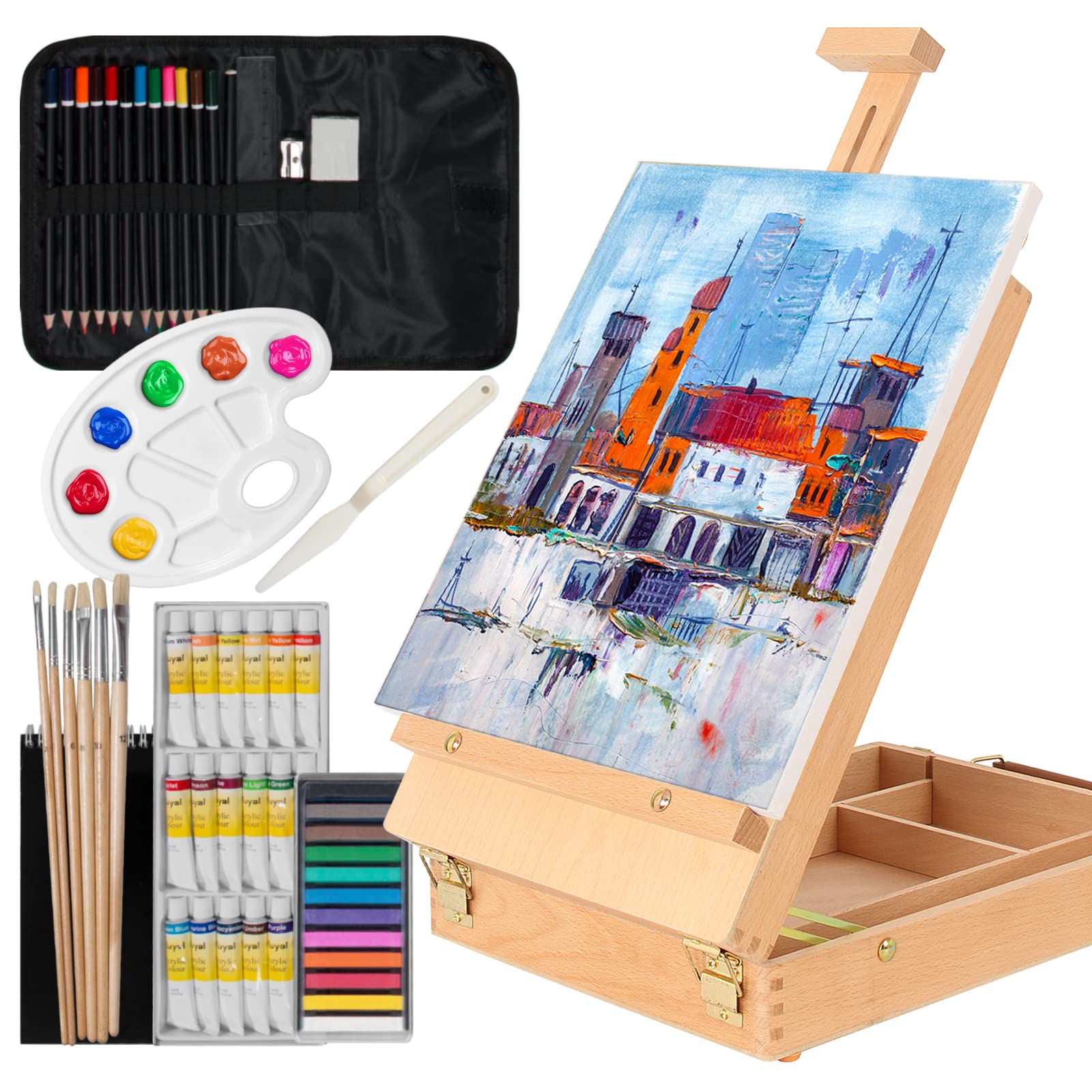 Kuyal Art Kit, 45 Piece Wooden Paint Set Crafts Drawing Painting Kit with Box Easel and 18 Acrylic Oil Paint Colors, 12 Color Pencil Etc. for Teens Adults Artist Beginners, Art Supplies