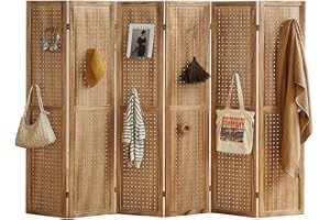 Leesinwing 6 Panel Room Dividers and Folding Privacy Screens, 5.6Ft Wooden Pegboard Display, Privacy Dividers for Bedroom, Portable Dispxlay Board Organizer for Store, Jewelry Display, Light Brown