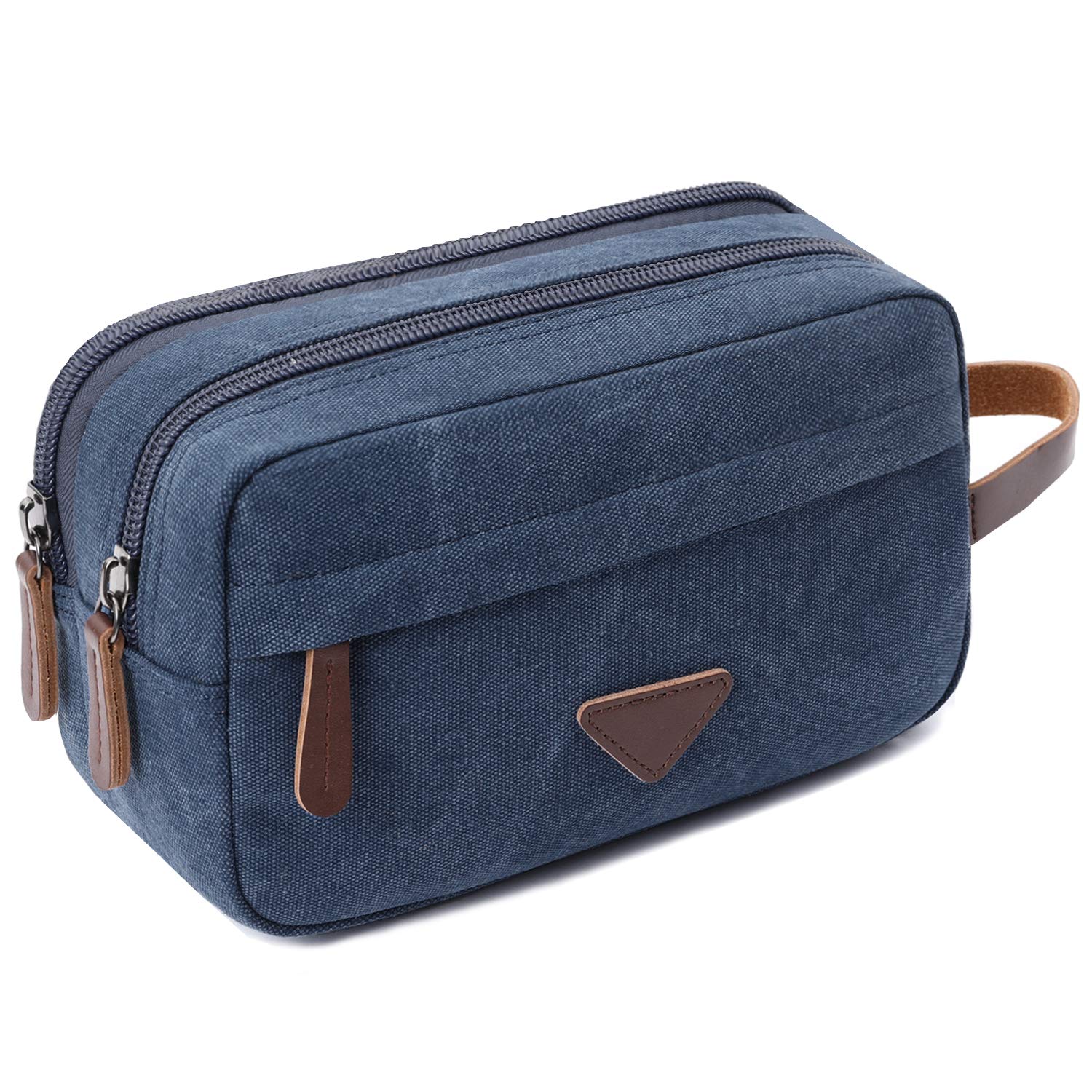 Mens Travel Toiletry Bag Canvas Leather Cosmetic Makeup Organizer Shaving Dopp Kits with Double Compartments (Blue 1)