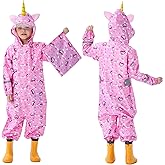 Kids Toddler Rain Suit for Boys Girls One Piece Hoodie Zipper Cartoon Waterproof Coverall Rain Jacket 1-10 Years