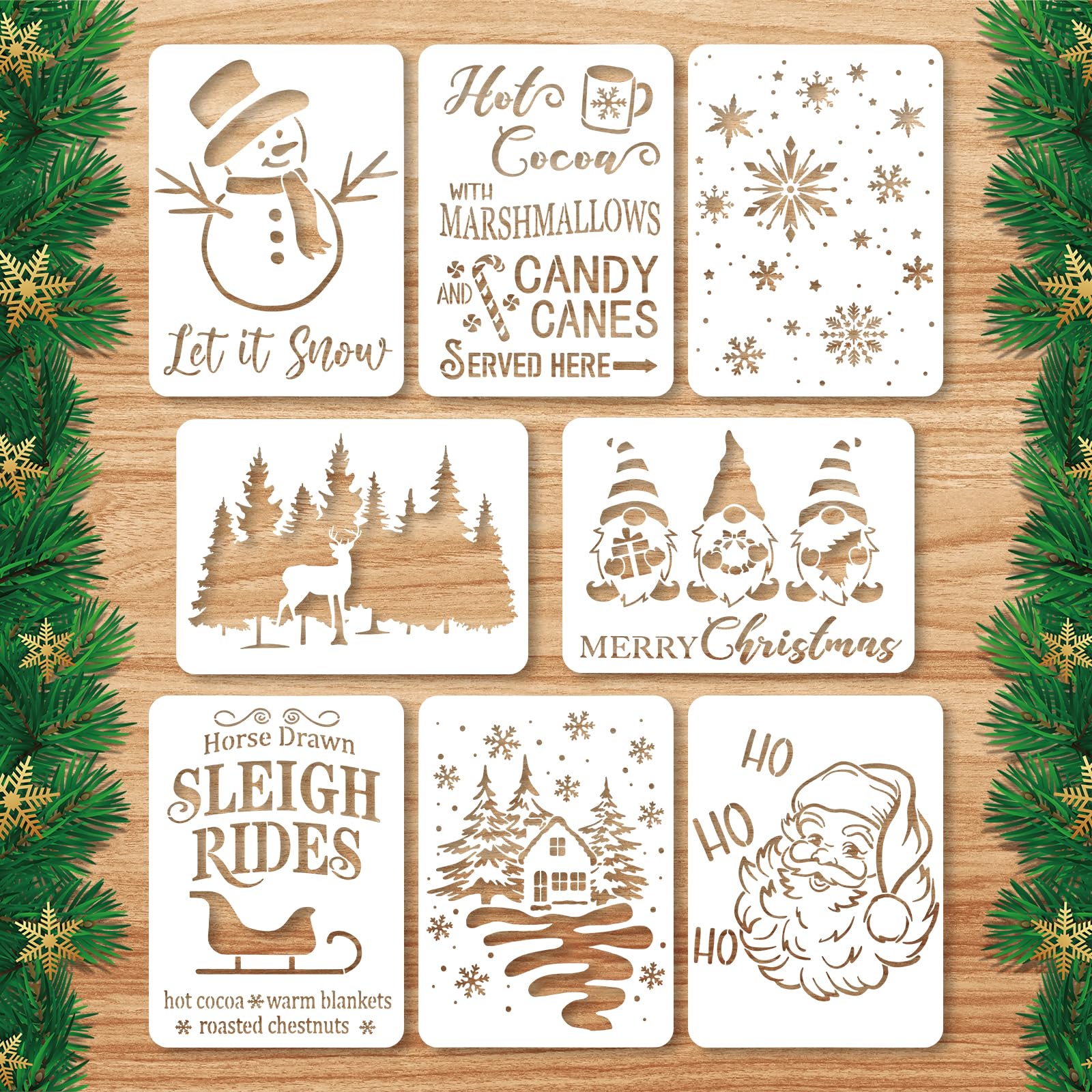 8pcs Reusable Christmas Stencils, 11x8in Large Merry Christmas Stencils Xmas Tree Snowflake Snowmen Santa Sleighs Winter Holiday Templates for Painting on Wood Drawing Walls Canvas Fabric Crafts