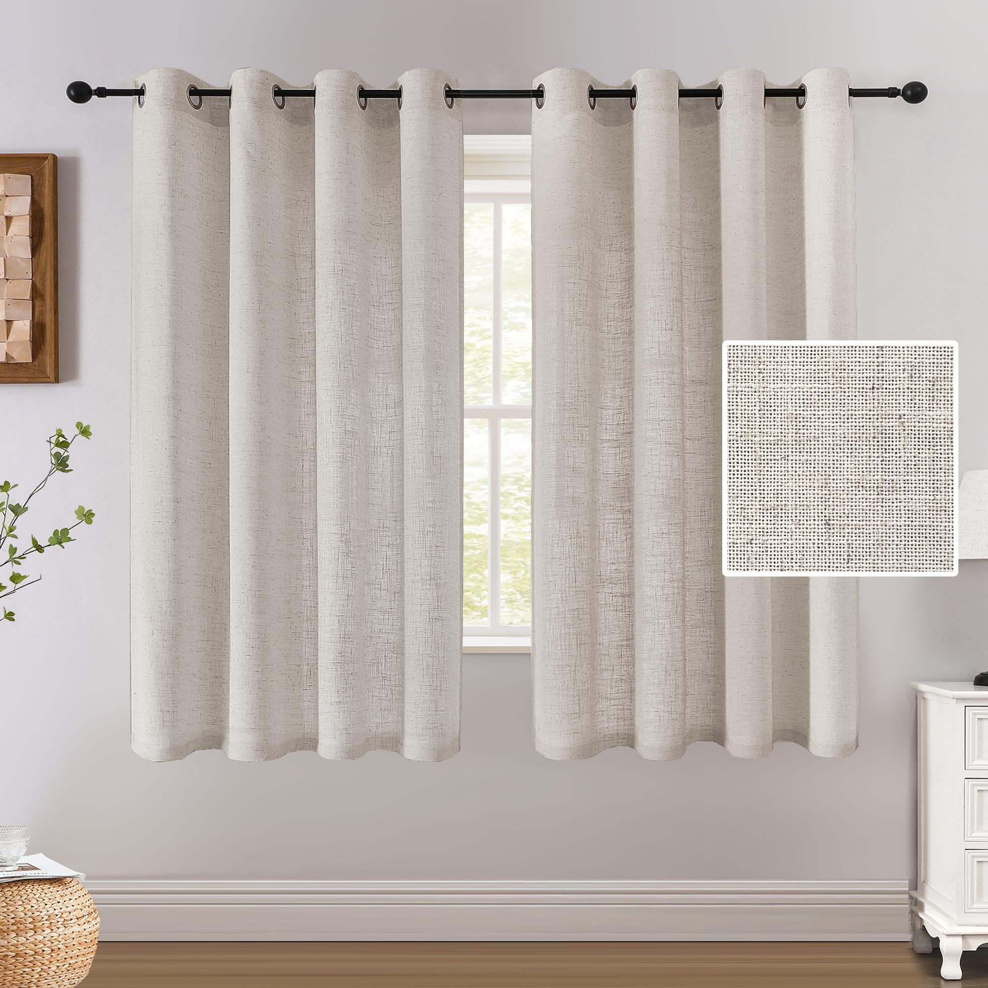 Photo 1 of H.VERSAILTEX Linen Curtains 63 Inch Long Farmhouse Completely Light Filtering Curtains 2 Panels Set Privacy Drape Grommet for Bedroom 52 x 63 Inch, Pale Oak