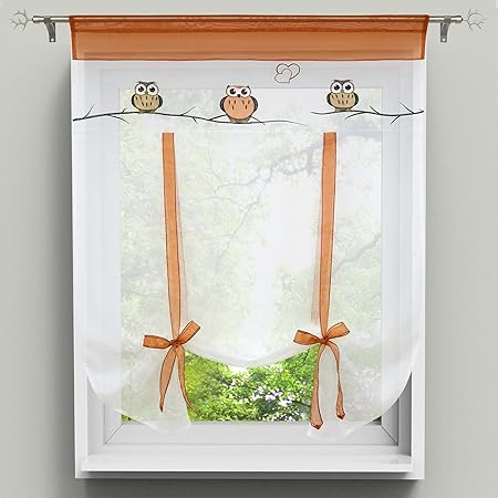 HongYa Raffrollo Bindegardine Eule Bestickte Küche Gardine Transparenter Vorhang Voile mit Tunnelzug H/B 140/100 cm Terra