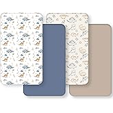 FIEMOL Baby Crib Sheets for Boys and Girls, Toddler Bed Sheets Fitted for 52”x28”Standard Crib and Toddler Mattresses, 4 Pack Soft Stretchy Microfiber Khaki Blue Dinosaur