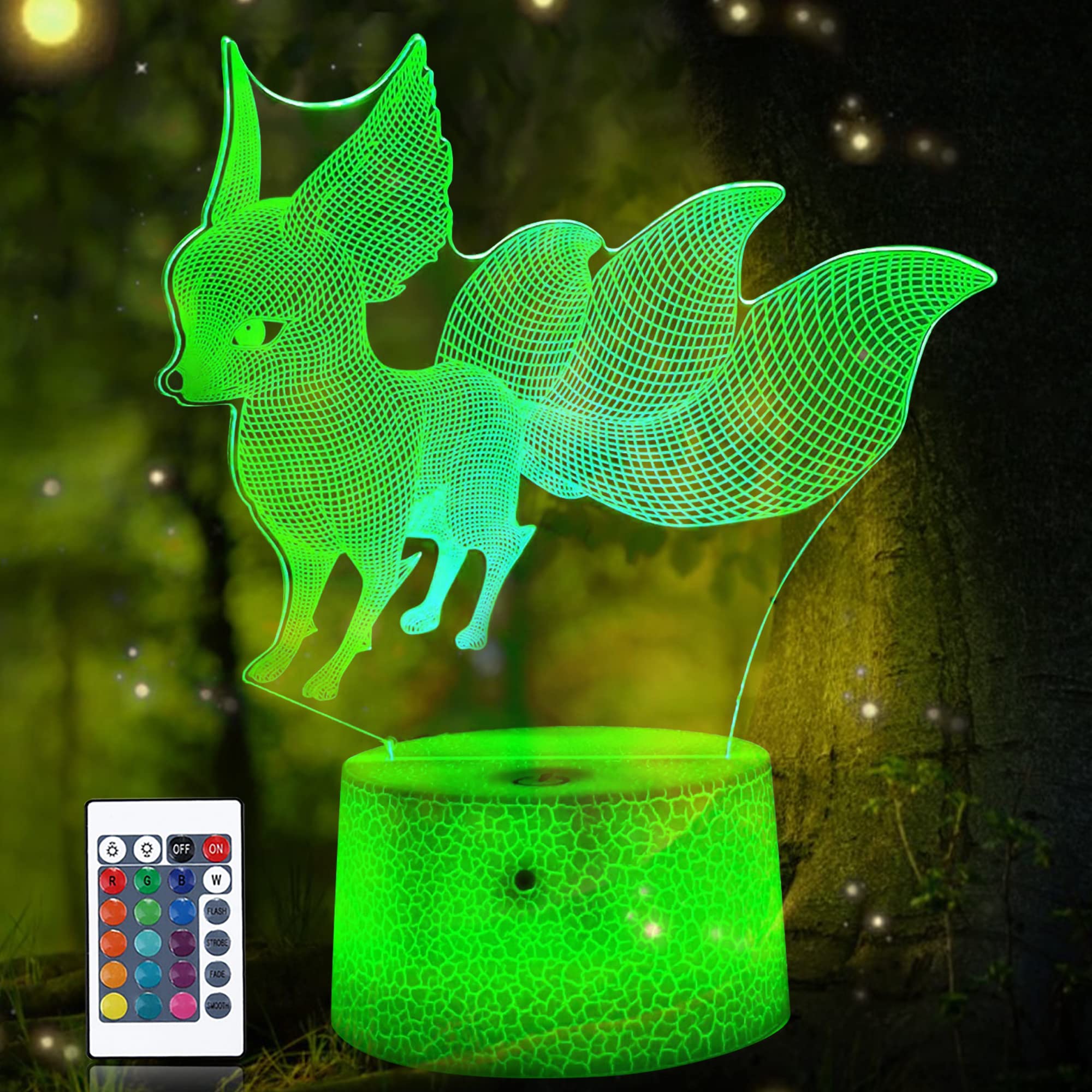 Fox Night Light, CooPark 3D Illusion Hologram Lamp for Kids 16 Colors Changing with Remote Control Dim Function Decor Creative Birthday Xmas Halloween Gifts for Boys Baby Bedroom Decor