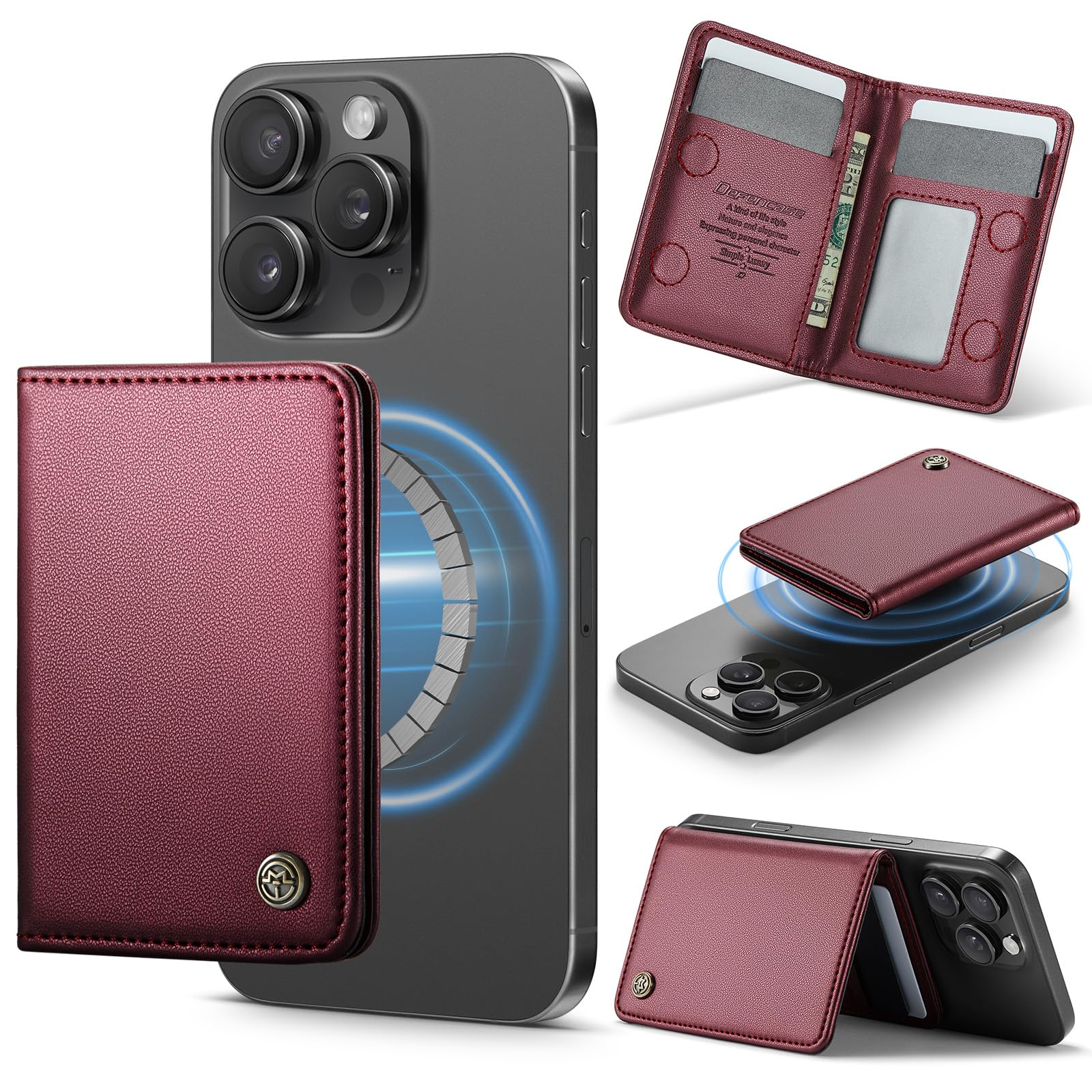 Photo 1 of Defencase for Magsafe Wallet Magnetic Card Holder RFID Blocking, PU Leather Minimalist Phone Wallet Compatible with MagSafe Phones and Cases for iPhone 16/15/ 14/13/ 12/ Pro/Max/Plus, Wine Red