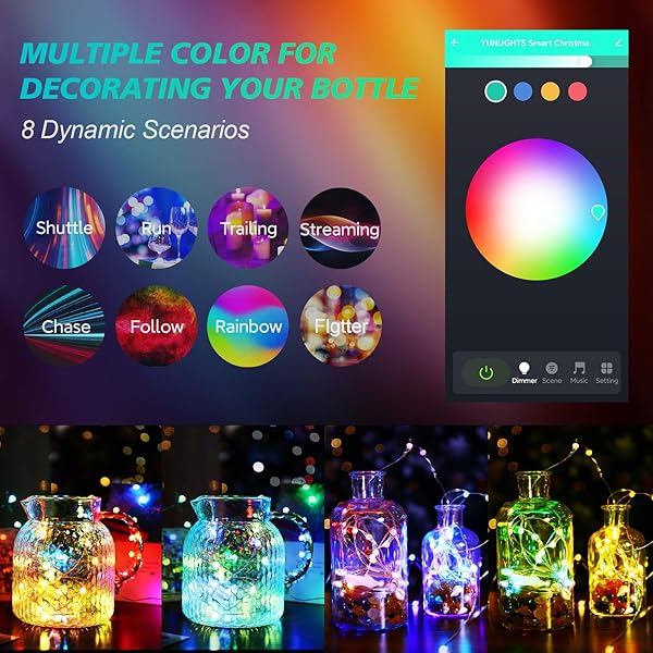 YUNLIGHTS Smart Fairy String Lights 32 8 pies 100 LED luces de hadas con modo de msica Control remoto de aplicacin RGB temporizador de cambio de color compatible con Google Home Alexa USB