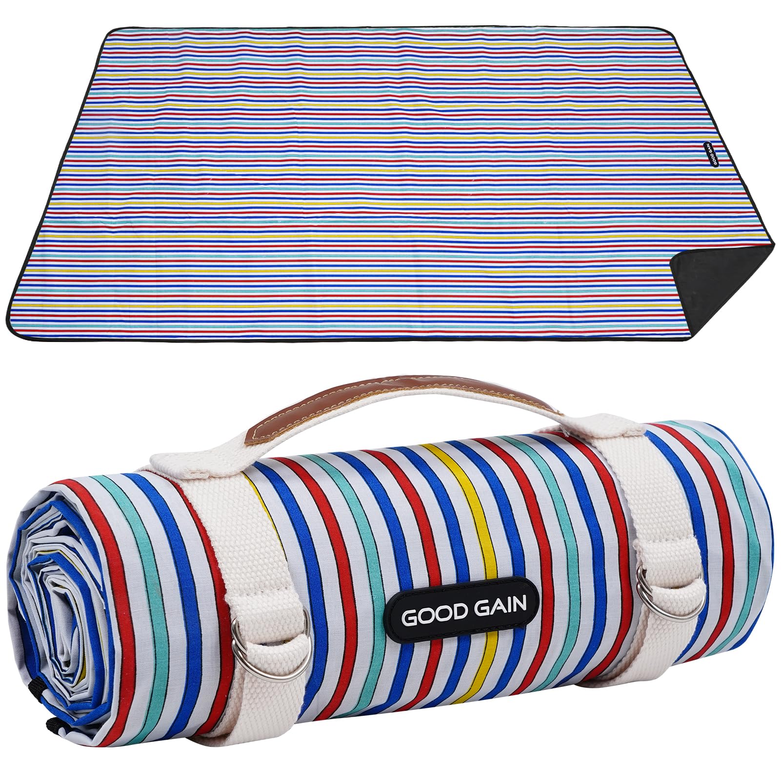 G GOOD GAIN Waterproof Picnic Blanket Portable with Carry Strap for Beach Mat or Family Outdoor Camping Party（Multicolored） Image