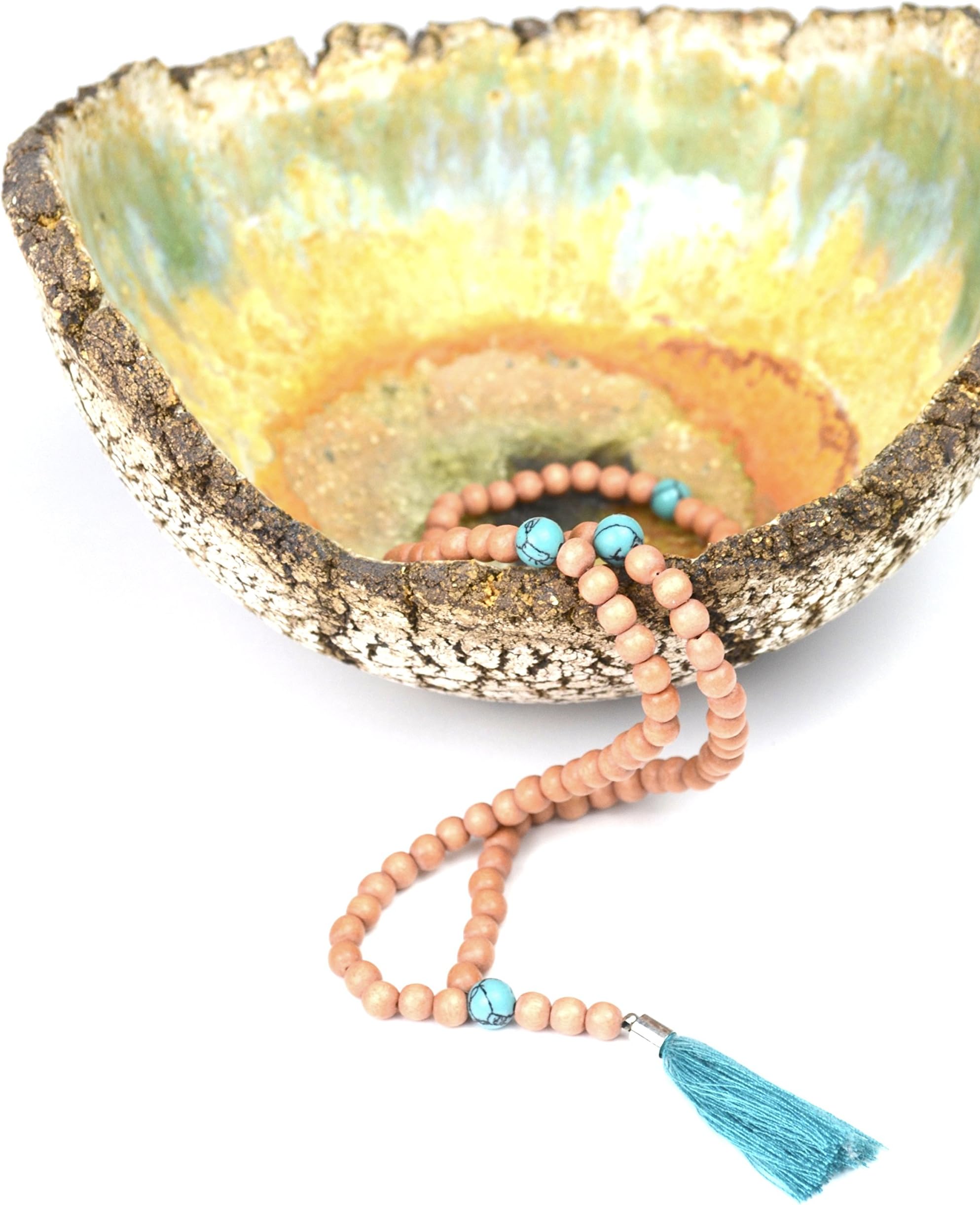 Prayer Beads Mala with Semi-Prescious Stones and Tassel – Meditation Necklace Made of 108 Wooden Beads and Beautiful Stones – by Ahimsa Glow®