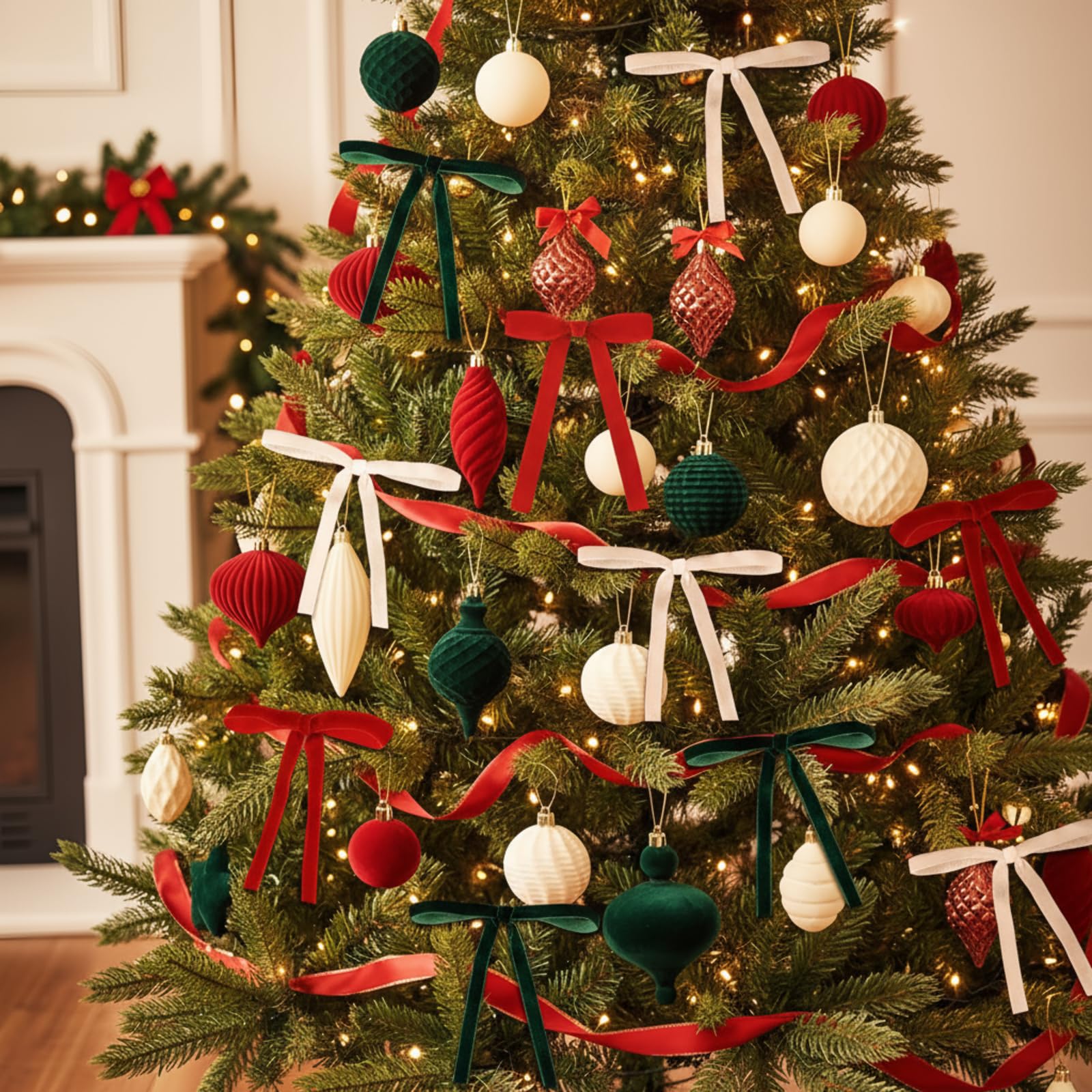 View 1 of 29 Pcs Velvet Christmas Ornament, 13 Pcs 4.7'' 3.1'' Flocked Christmas Tree Hanging Balls 15 Velvet Vintage Ribbon Bows and 1 Roll 2'' x 5 Yards Velvets Ribbon Red Green White Xmas Tree Decorations