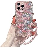 Pretaco for iPhone 16 Pro Max Case, Pink Bow Pattern Design,Glitter Sparkling Laser Case,2-in-1 with Beaded Wrist Strap,Soft TPU Frame, Shockproof and Anti-Shock, Suitable for Women & Girls