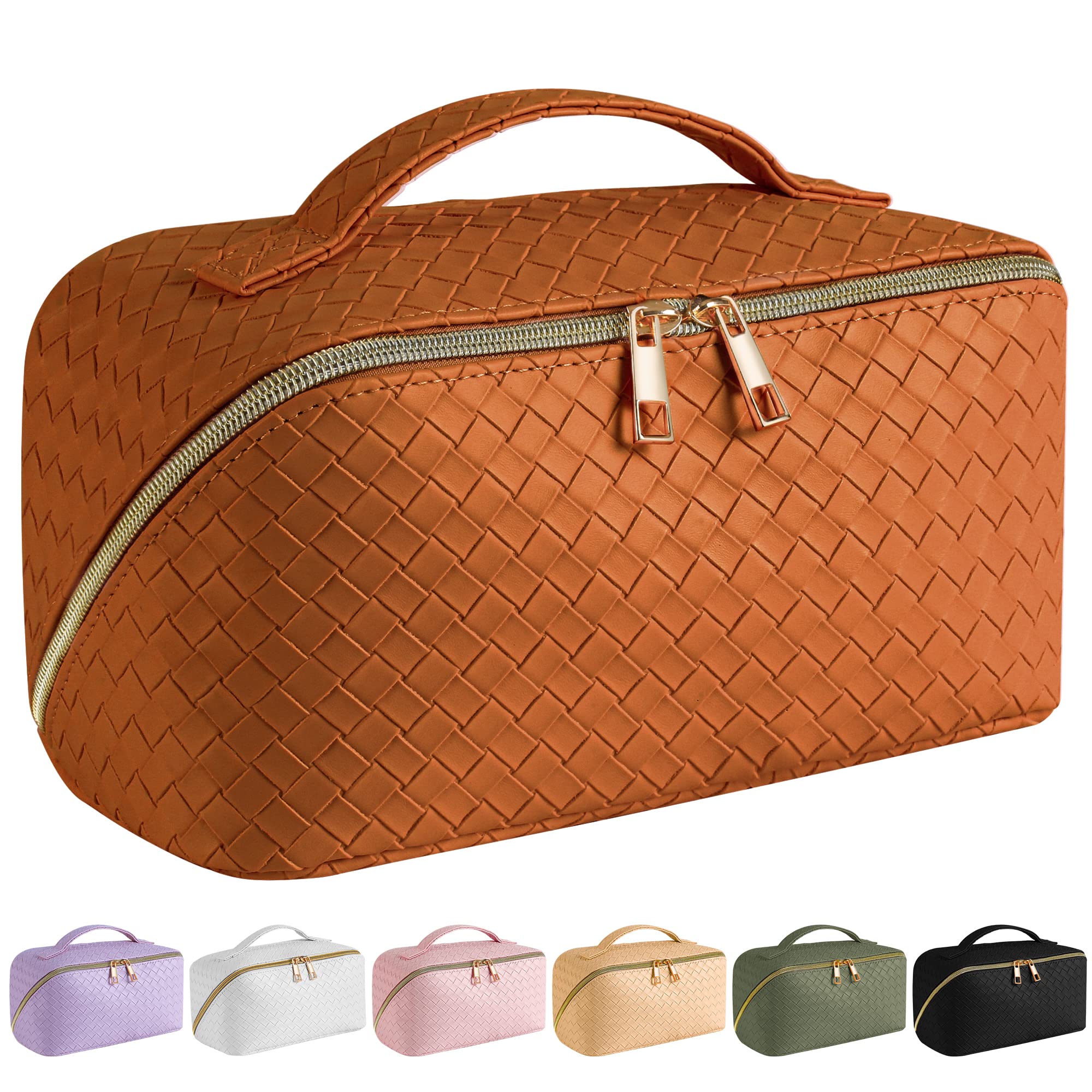 SFXULIX Large Capacity Travel Cosmetic Bag - Makeup Bag, PU Leather Waterproof Cosmetic Bag, Women Portable Travel Makeup Bag with Handle and Divider Flat Lay Makeup Organizer Bag, Brown