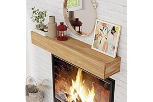 Axeman Fireplace Mantel | 48" W Elm Wood Floating Shelves | Handcrafted Hollow Distressed Beam | Wall Mounted Wooden Display Shelfing | with Invisible Heavy Duty Bracket | 48W x 6H x 8D