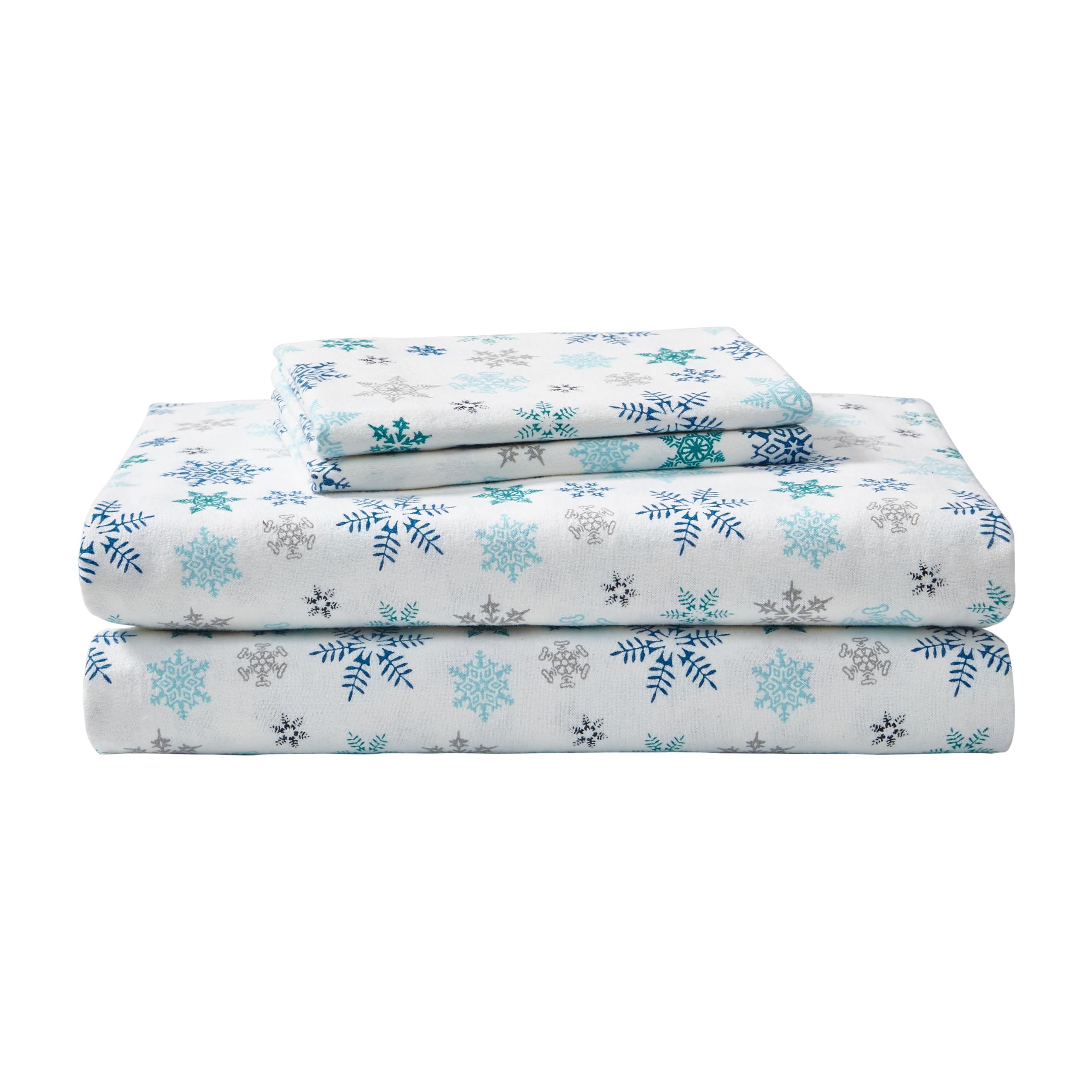 Eddie Bauer - Flannel Sheets Twin Size, Anti-Pilling & Wrinkle Resistant Cotton, Touchably Soft for All-Season Comfort - Bed Sheets with Matching Pillowcase & Fitted Sheet (Tossed Snowflake Blue) Image